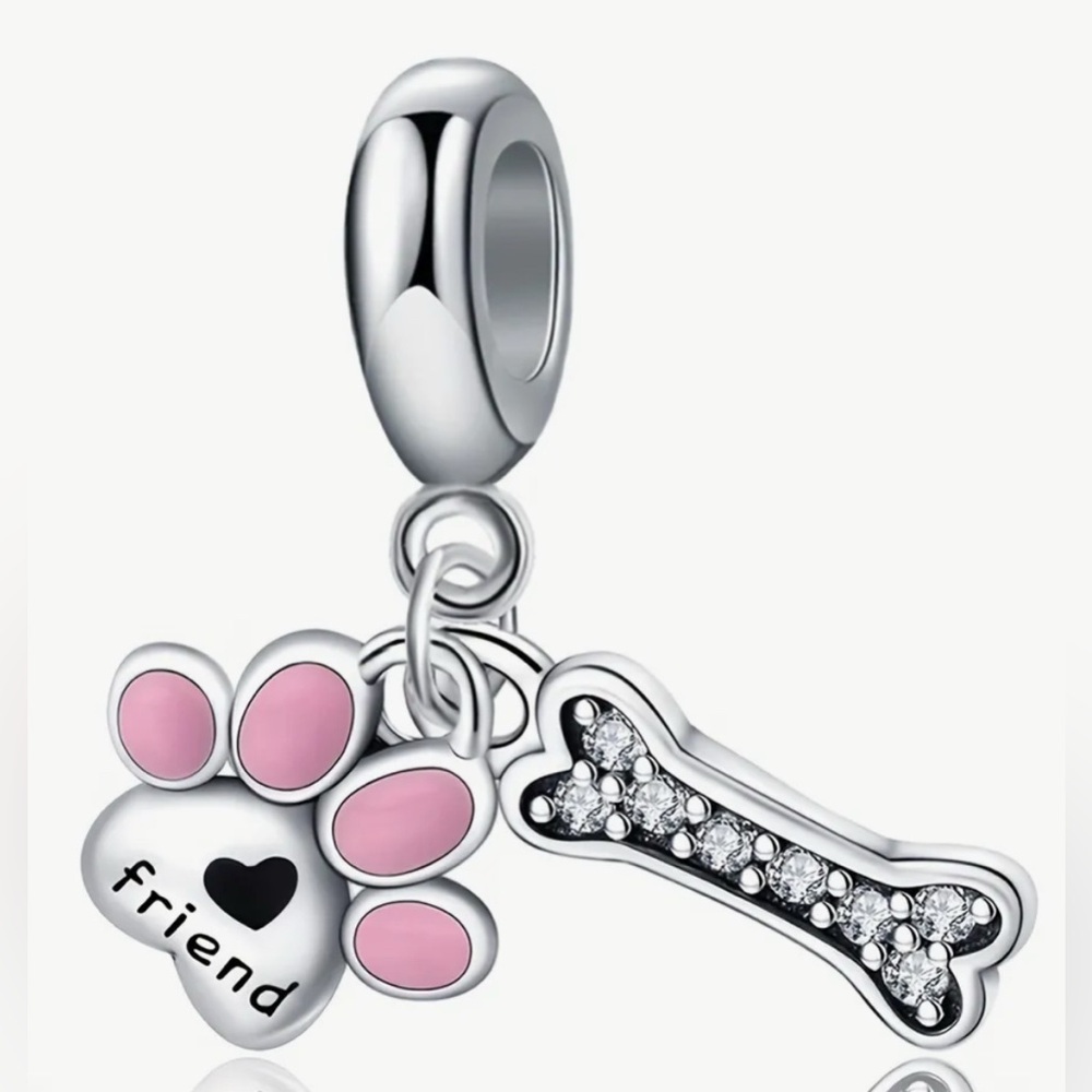 Silver & Pink Dangle Paw Print & Dog Bone Charm